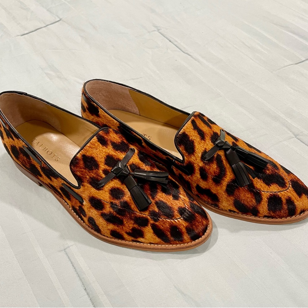 Talbots animal print loafers with black t